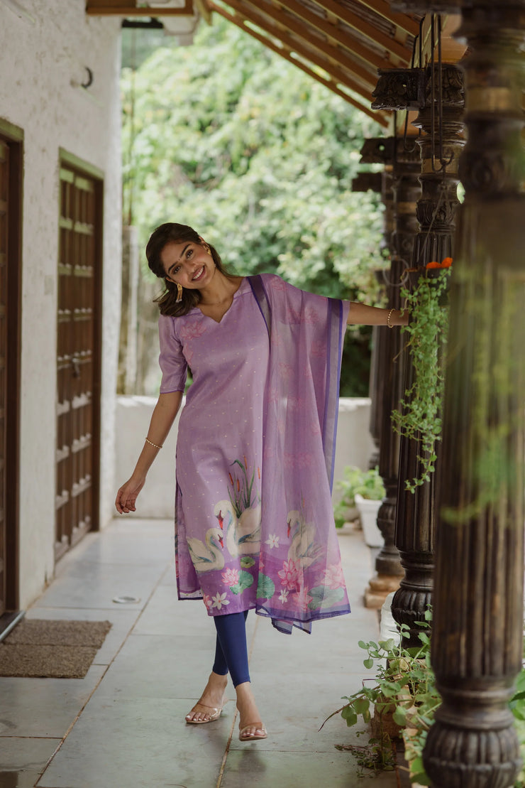 This beautiful lavender kurta with Kota dupatta