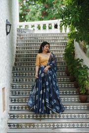 Elegant Navy Blue Skirt with Golden Blouse & Dupatta Set