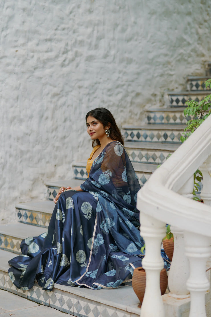 Elegant Navy Blue Skirt with Golden Blouse & Dupatta Set