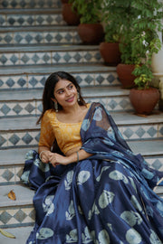 Elegant Navy Blue Skirt with Golden Blouse & Dupatta Set