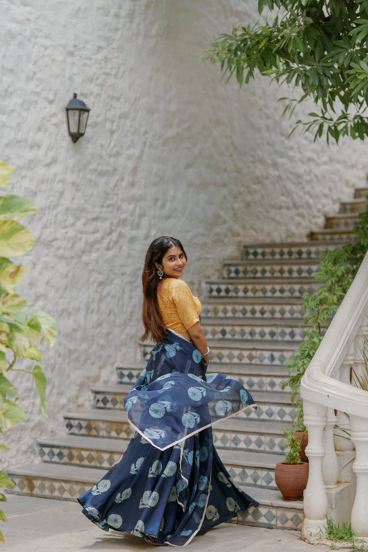 Elegant Navy Blue Skirt with Golden Blouse & Dupatta Set