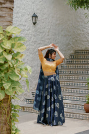 Elegant Navy Blue Skirt with Golden Blouse & Dupatta Set