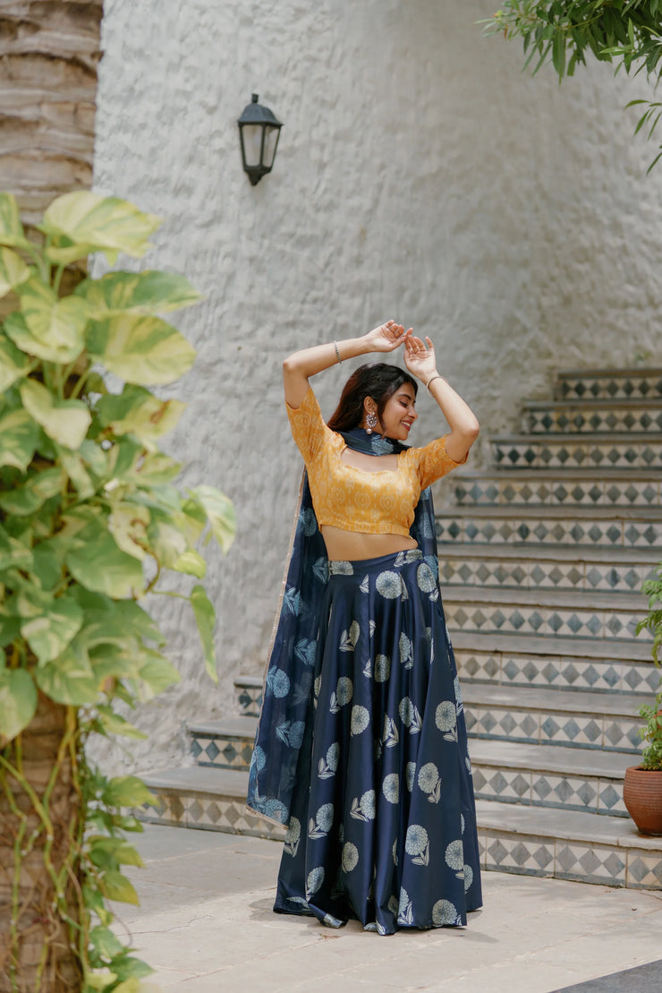 Elegant Navy Blue Skirt with Golden Blouse & Dupatta Set