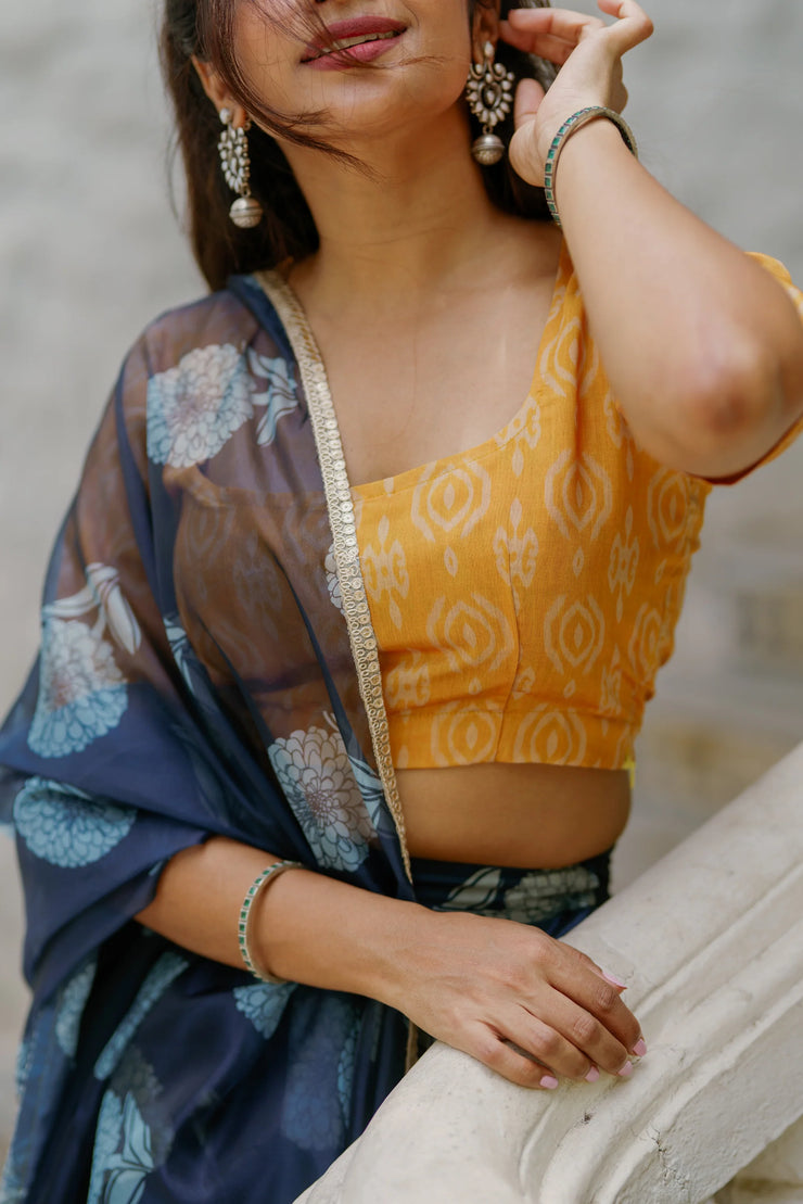 Elegant Navy Blue Skirt with Golden Blouse & Dupatta Set