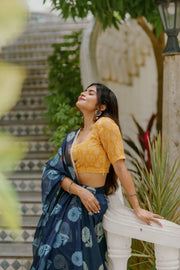 Elegant Navy Blue Skirt with Golden Blouse & Dupatta Set