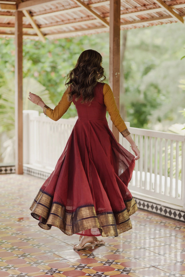 Traditional  Maroon and Mustard Anarkali Suit