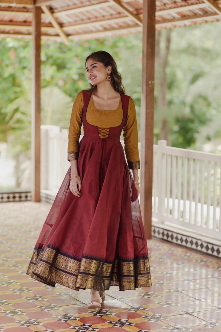 Traditional  Maroon and Mustard Anarkali Suit