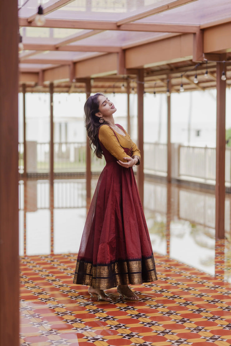 Traditional  Maroon and Mustard Anarkali Suit
