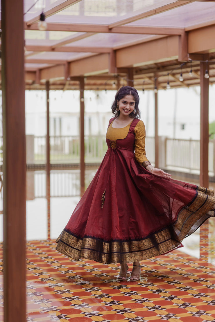 Traditional  Maroon and Mustard Anarkali Suit
