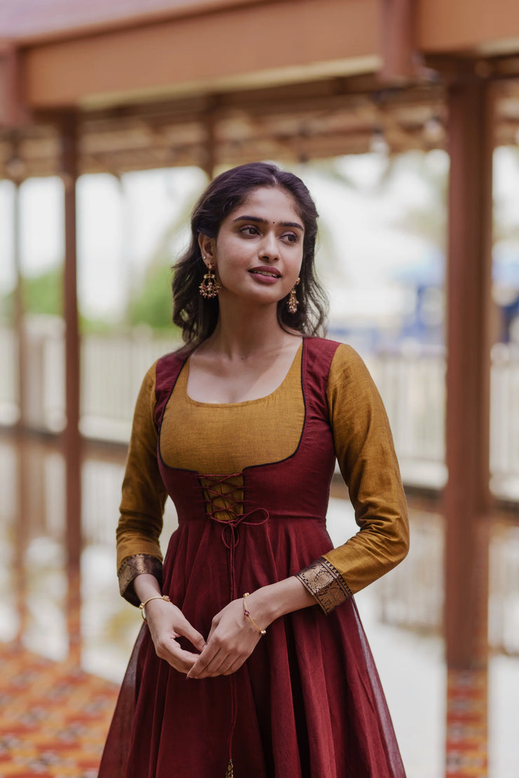 Traditional  Maroon and Mustard Anarkali Suit