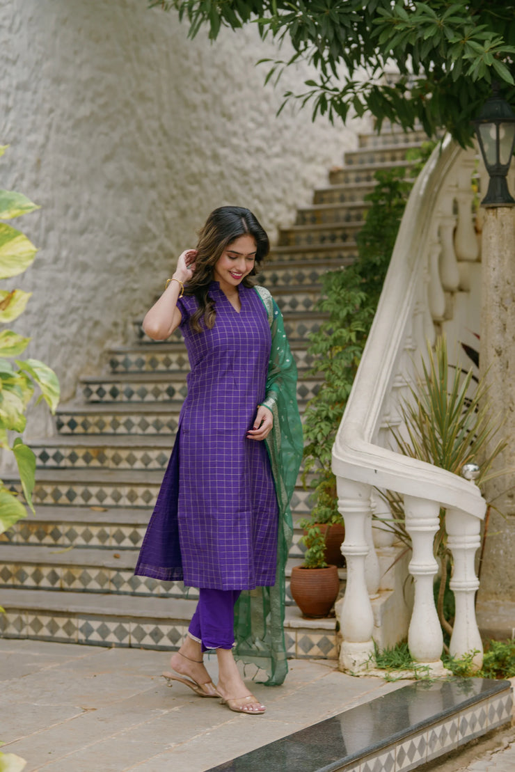 A beautiful violet   checkered kurta set in dupion silk