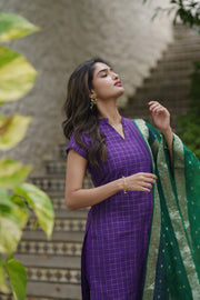 A beautiful violet   checkered kurta set in dupion silk