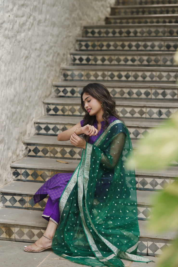 A beautiful violet   checkered kurta set in dupion silk