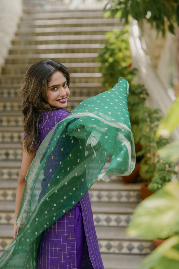 A beautiful violet   checkered kurta set in dupion silk