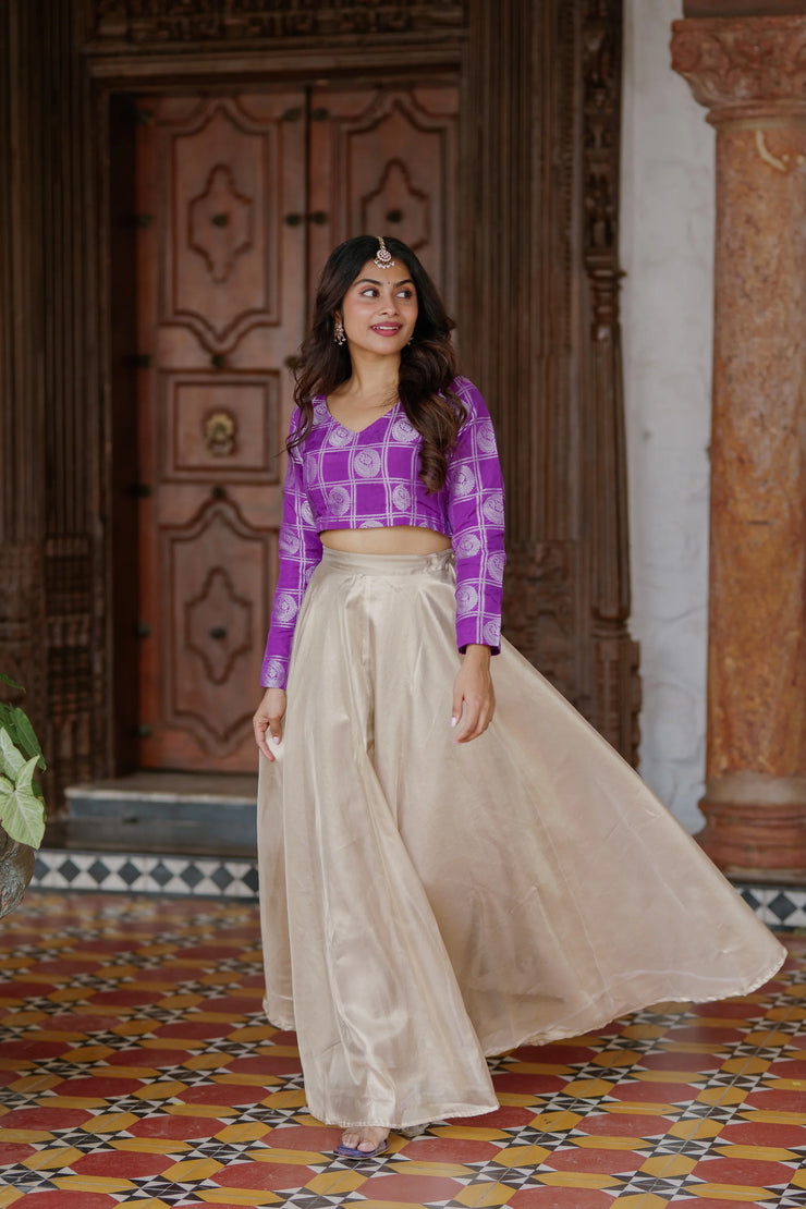Regal Charm – Purple Crop Top with Golden Flared Skirt