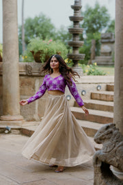 Regal Charm – Purple Crop Top with Golden Flared Skirt