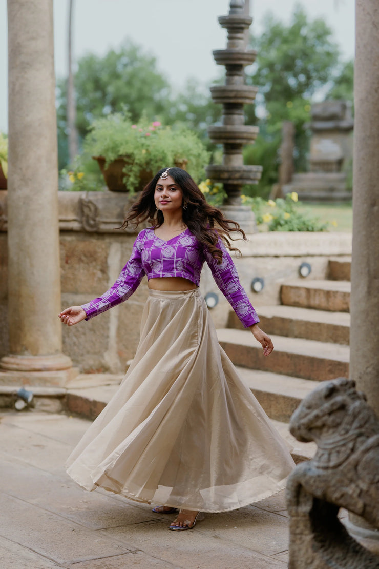 Regal Charm – Purple Crop Top with Golden Flared Skirt