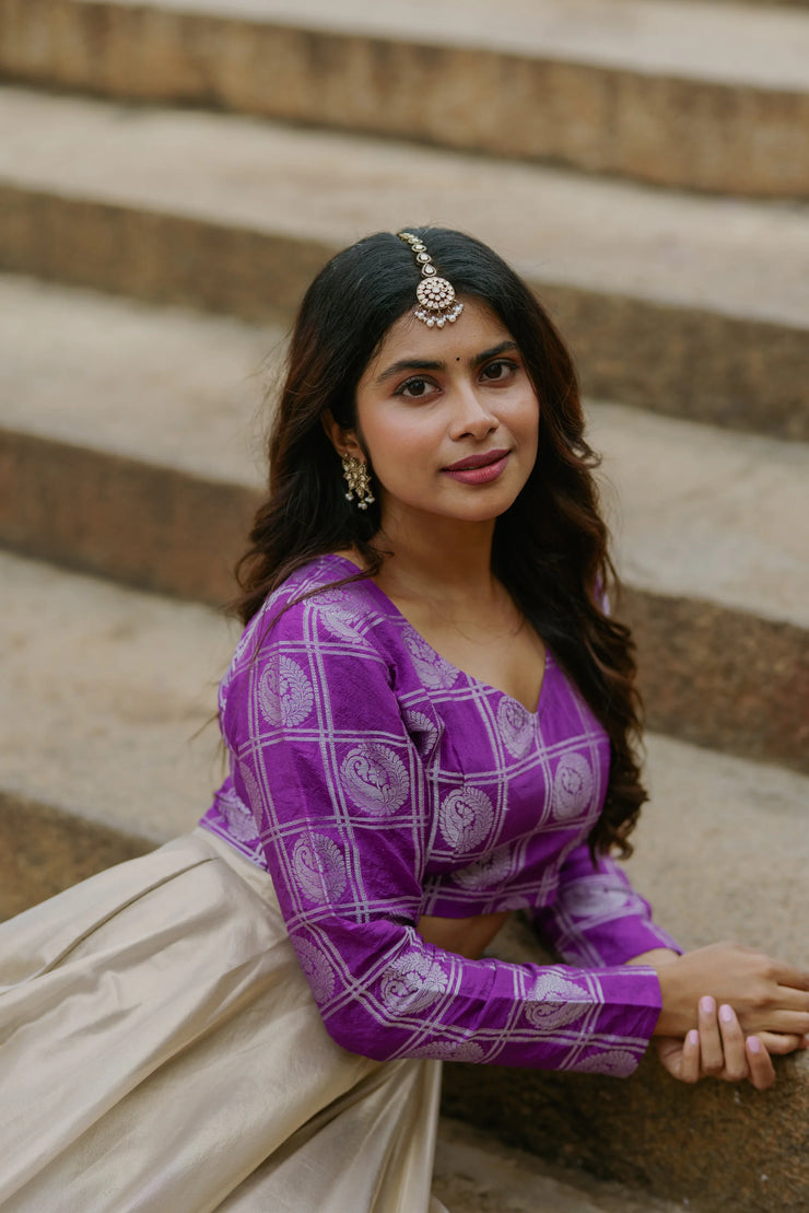 Regal Charm – Purple Crop Top with Golden Flared Skirt