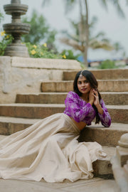 Regal Charm – Purple Crop Top with Golden Flared Skirt