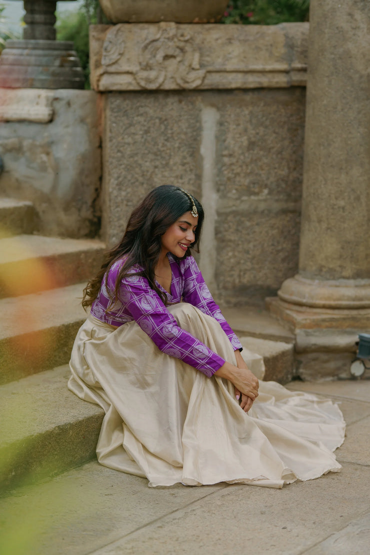 Regal Charm – Purple Crop Top with Golden Flared Skirt
