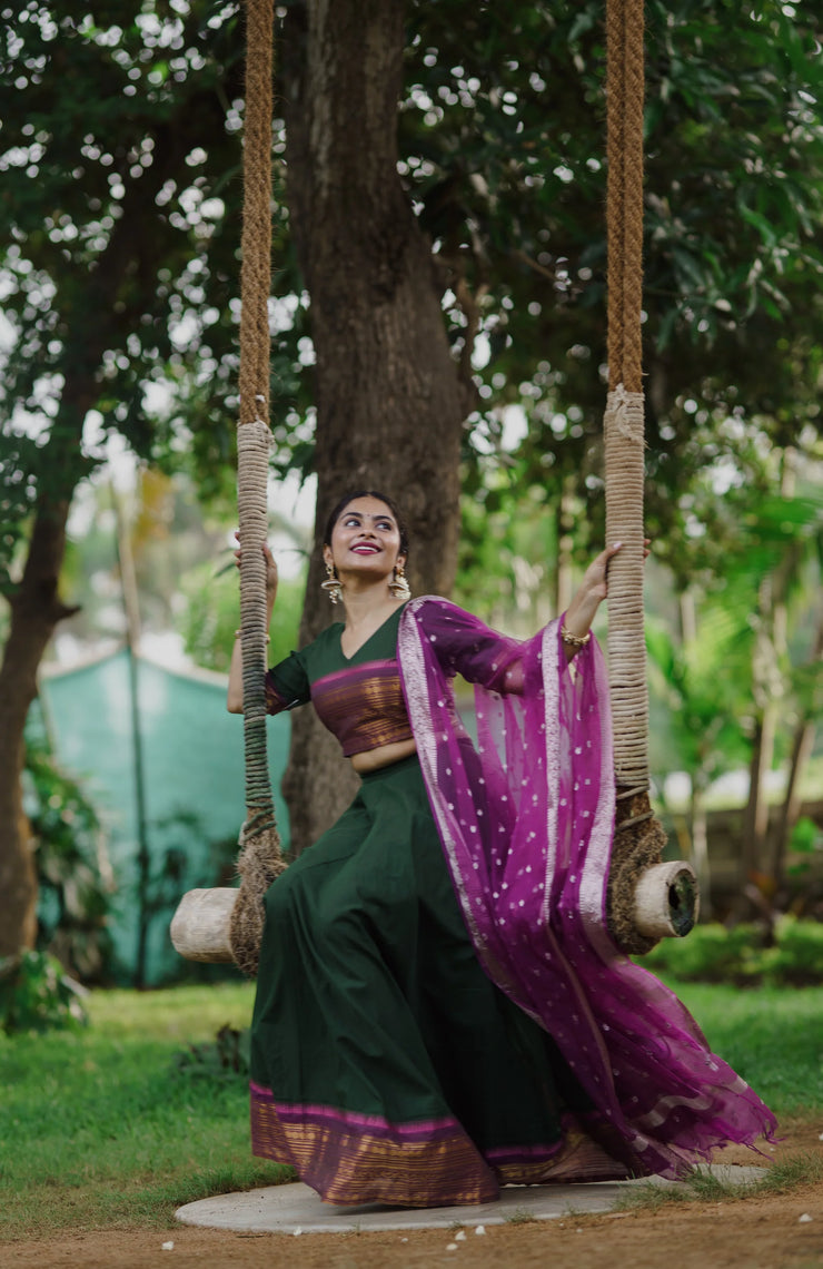 Traditional Dark Green Skirt & Blouse with Purple Dupatta