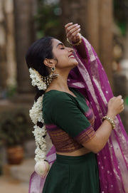 Traditional Dark Green Skirt & Blouse with Purple Dupatta
