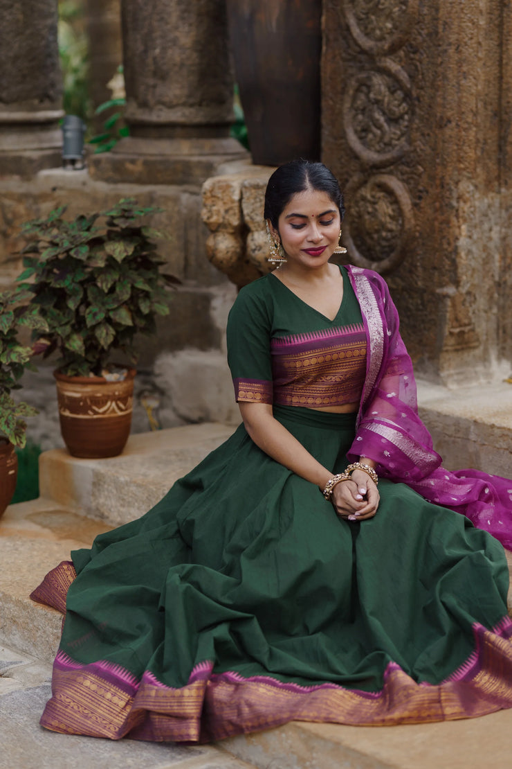 Traditional Dark Green Skirt & Blouse with Purple Dupatta