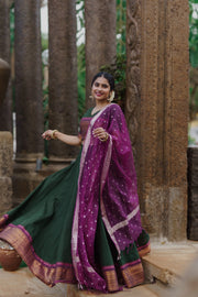 Traditional Dark Green Skirt & Blouse with Purple Dupatta