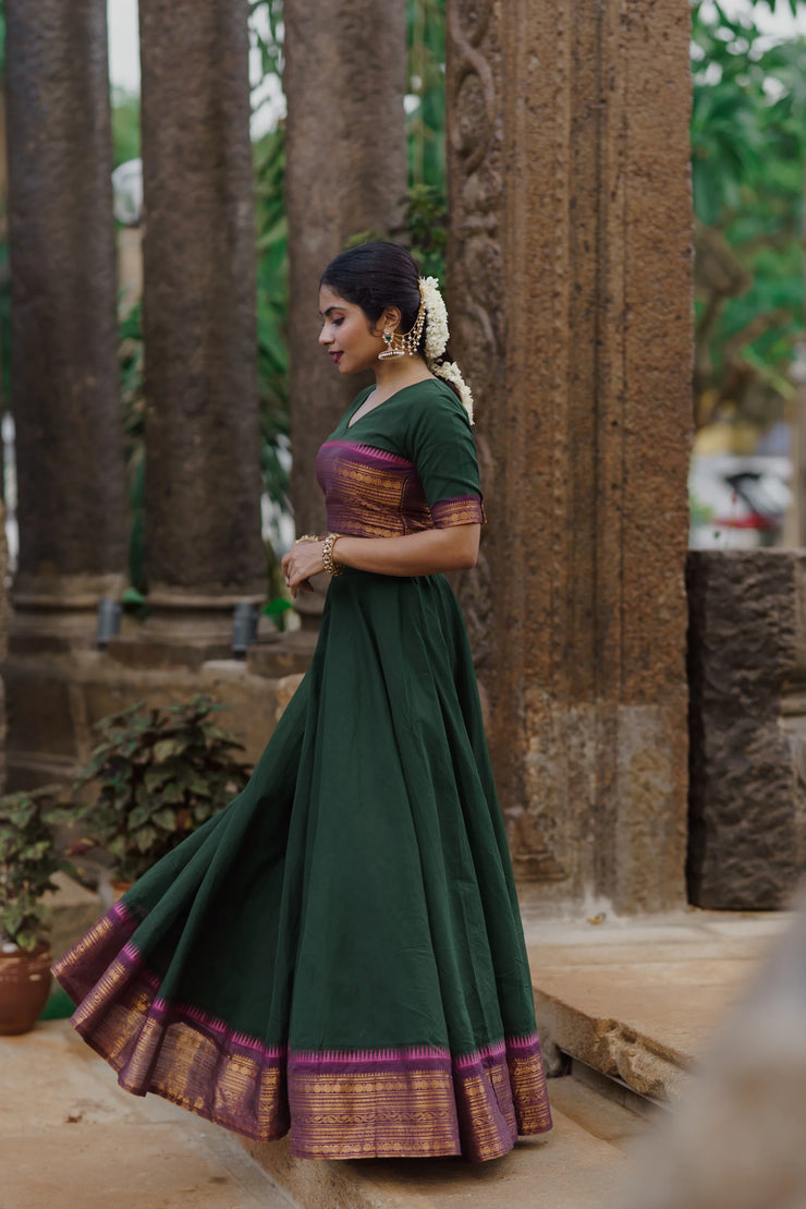 Traditional Dark Green Skirt & Blouse with Purple Dupatta