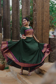 Traditional Dark Green Skirt & Blouse with Purple Dupatta