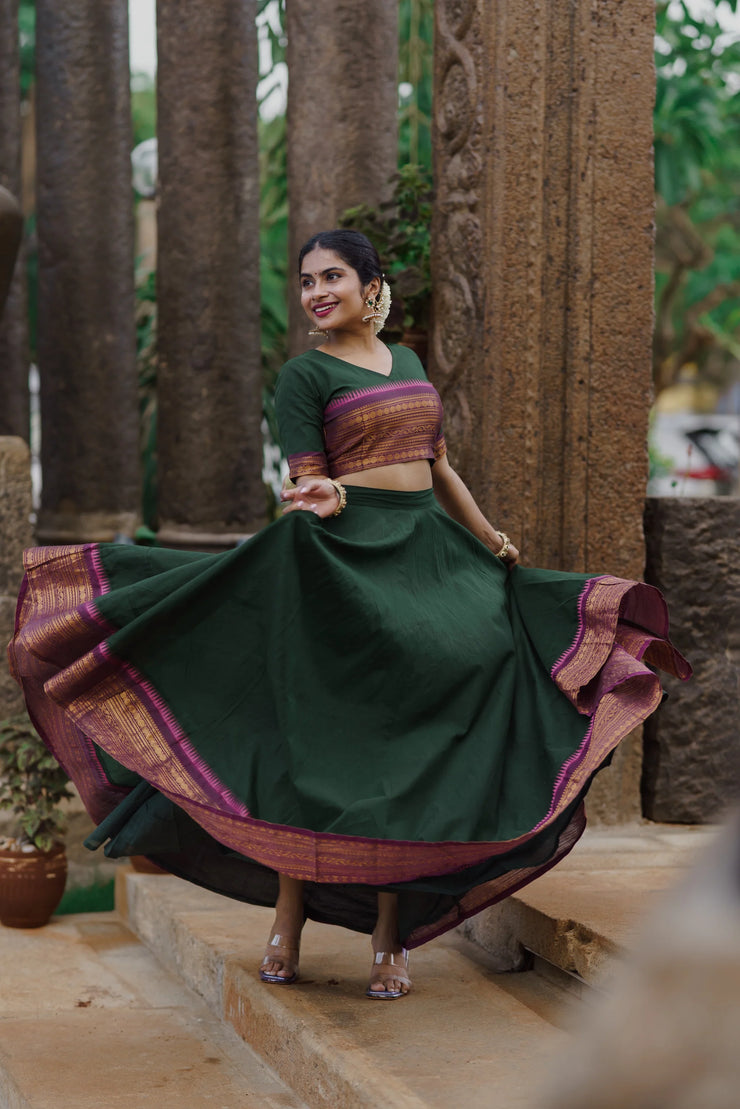 Traditional Dark Green Skirt & Blouse with Purple Dupatta