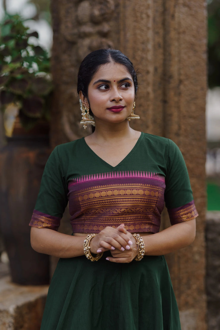 Traditional Dark Green Skirt & Blouse with Purple Dupatta