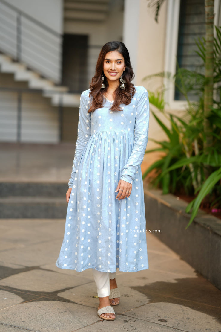 Ice Blue Anarkali With Pencil Fit Pants