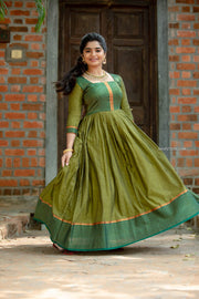 Green Narayanpet Cotton Dress with Border