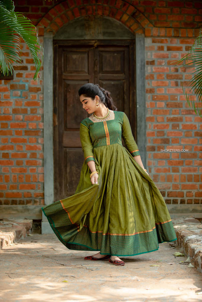 Green Narayanpet Cotton Dress with Border