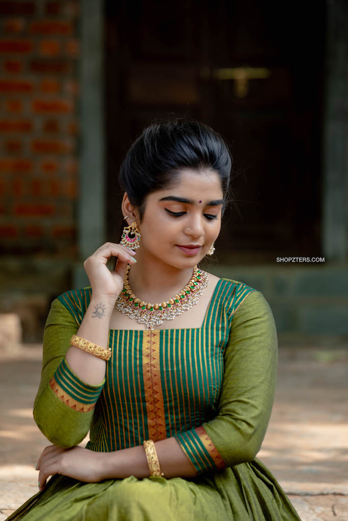 Green Narayanpet Cotton Dress with Border