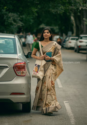 Off White Floral Printed with Silver border Saree