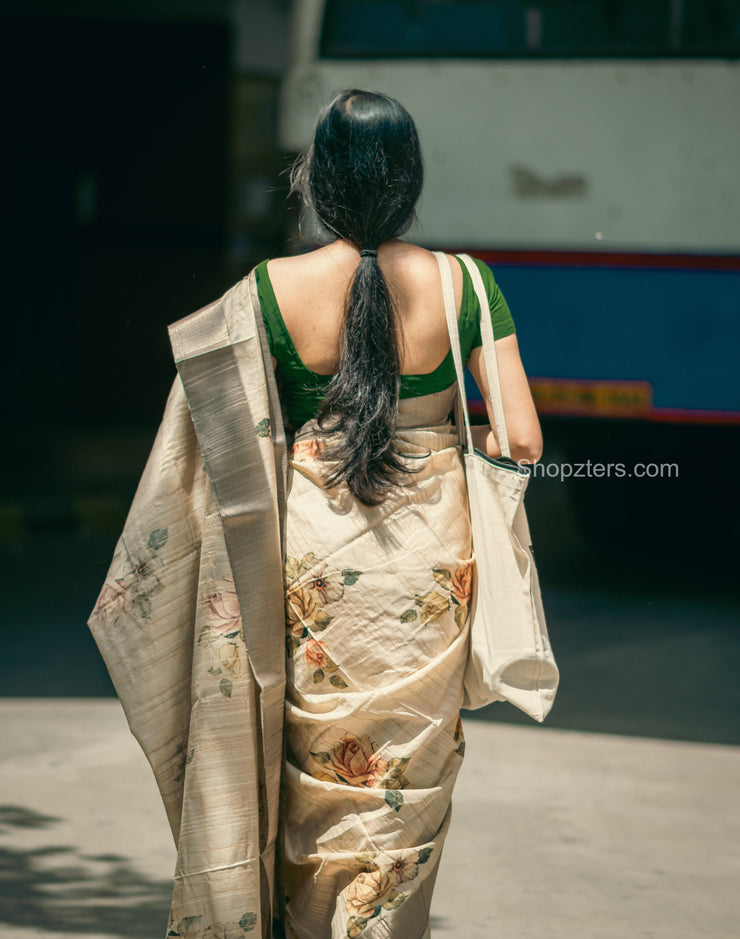 Off White Floral Printed with Silver border Saree