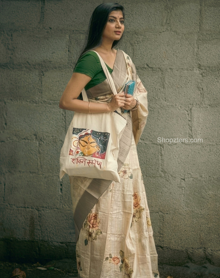 Off White Floral Printed with Silver border Saree