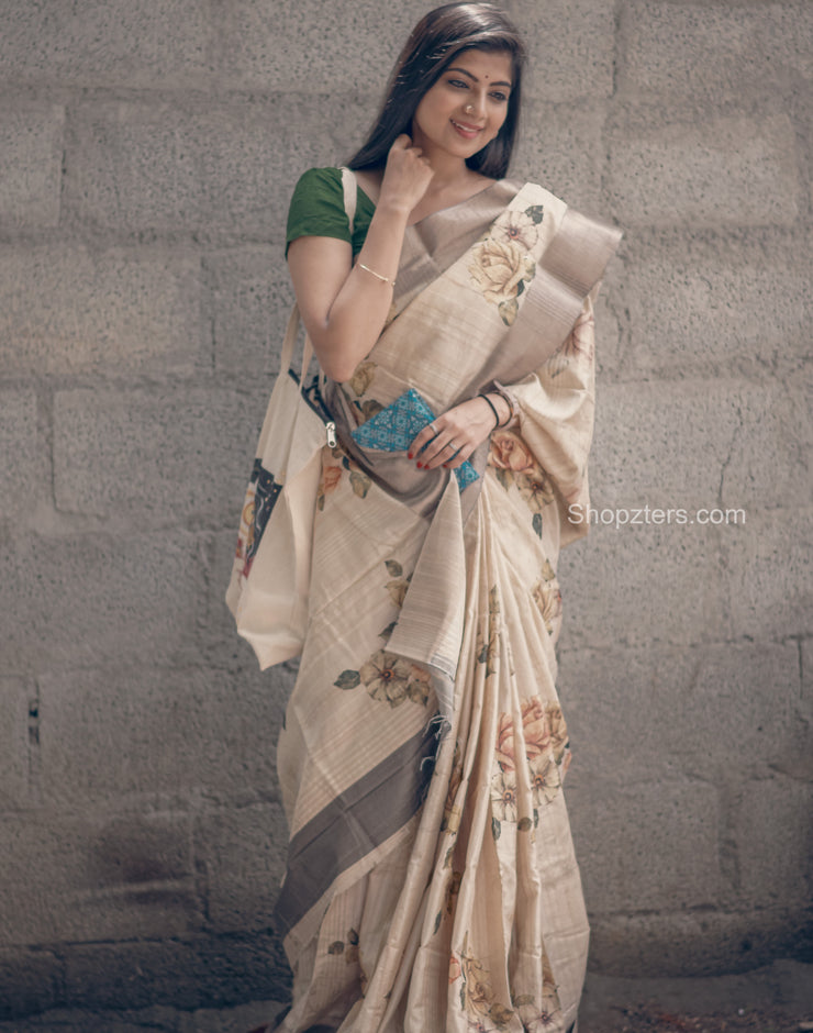 Off White Floral Printed with Silver border Saree