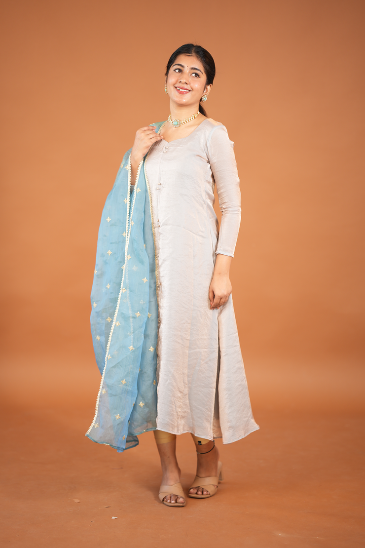 Silvery Kurti with Embroided Silk Dupatta