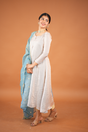 Silvery Kurti with Embroided Silk Dupatta