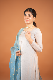 Silvery Kurti with Embroided Silk Dupatta