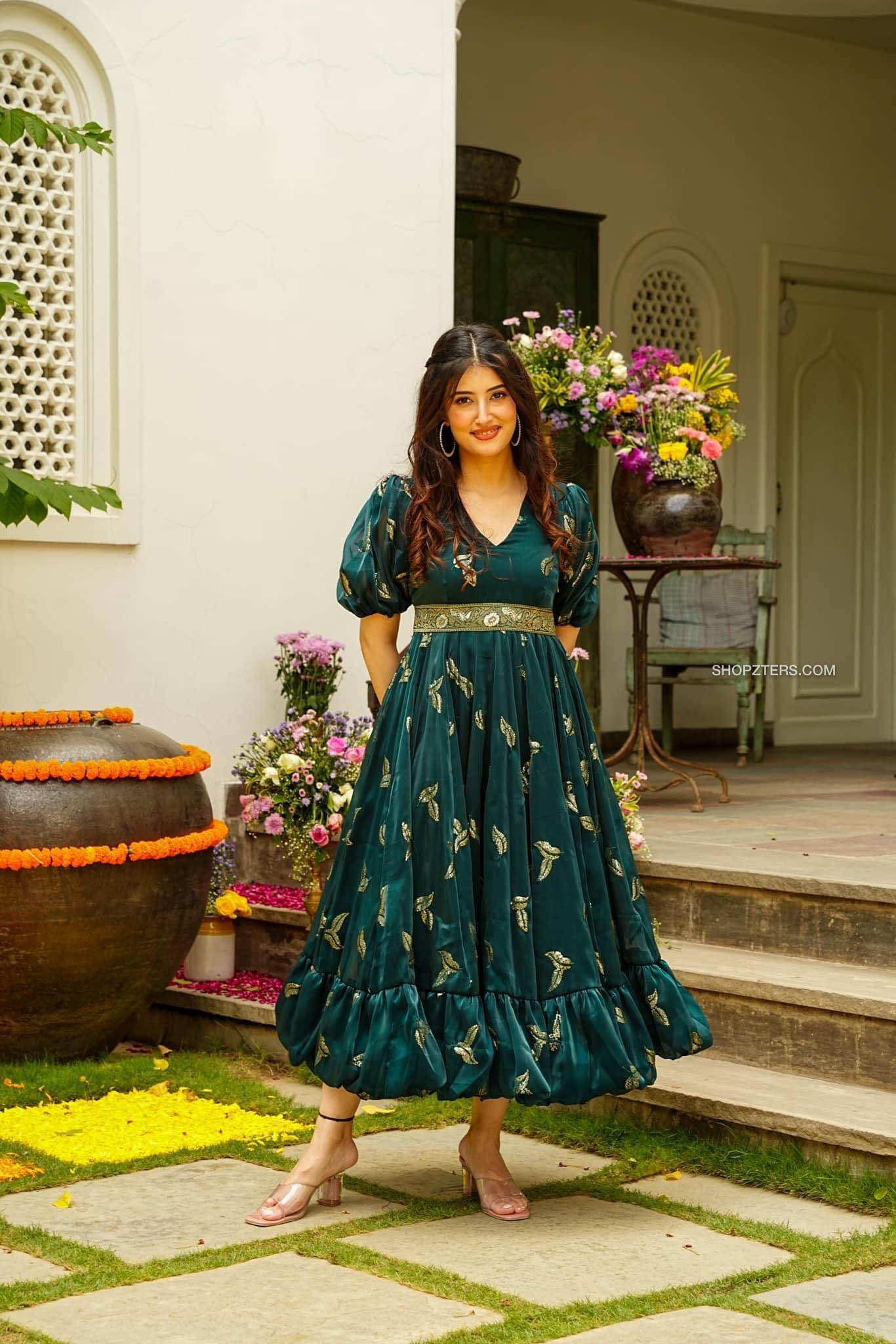Dark Green Leaf Embroidered Dress