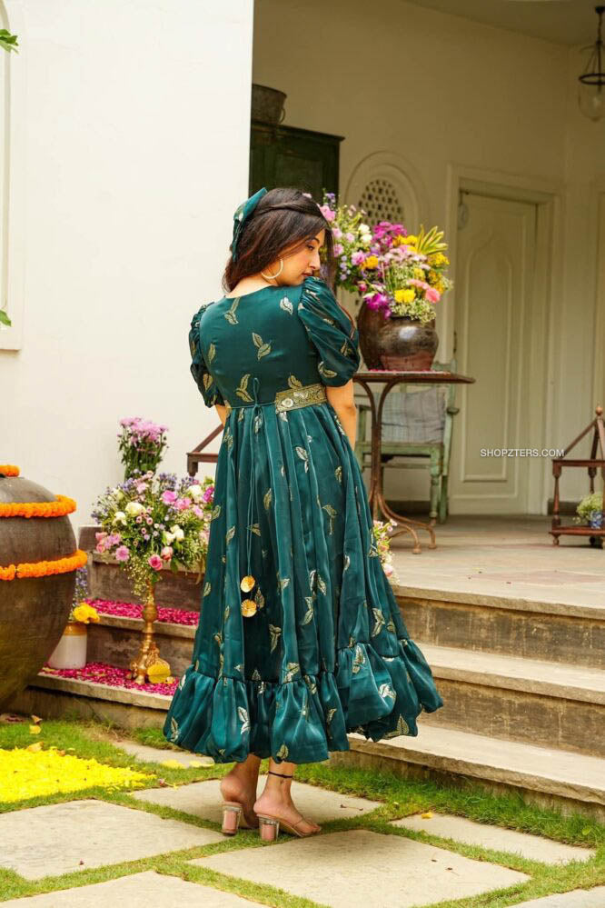 Dark Green Leaf Embroidered Dress