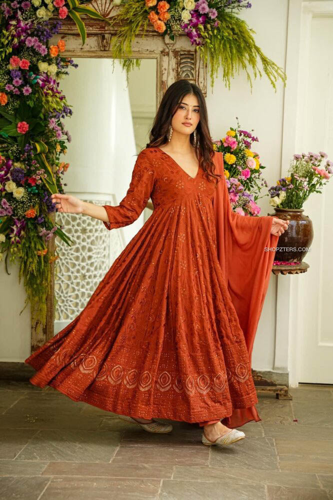Brick Embroidered Suit Set
