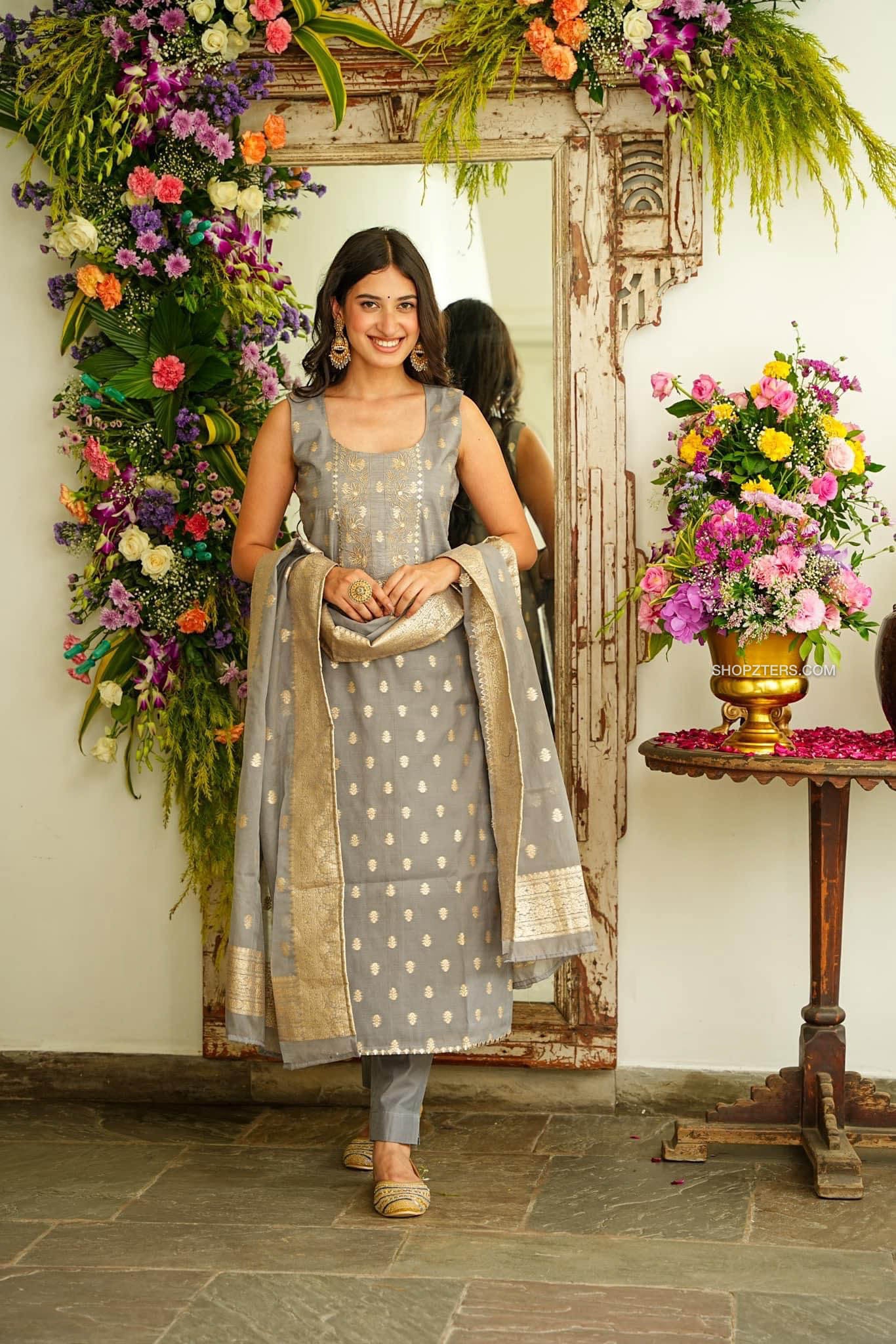 Grey Chanderi Suit Set