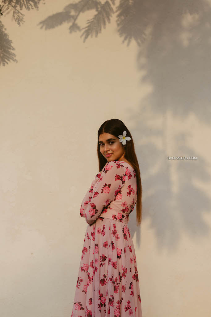 Pink and Maroon Georgette Floral Dress