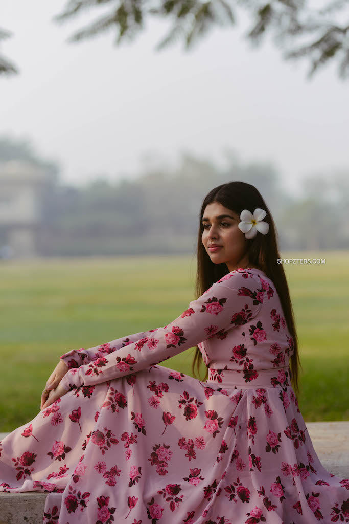 Pink and Maroon Georgette Floral Dress