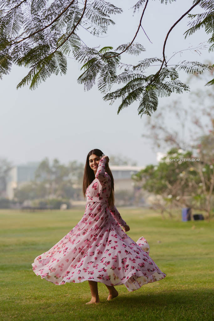 Pink and Maroon Georgette Floral Dress